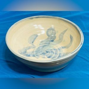 Studio Art Pottery Hand Thrown Bowl 9” Cream Glaze Blue Design Artist Signed